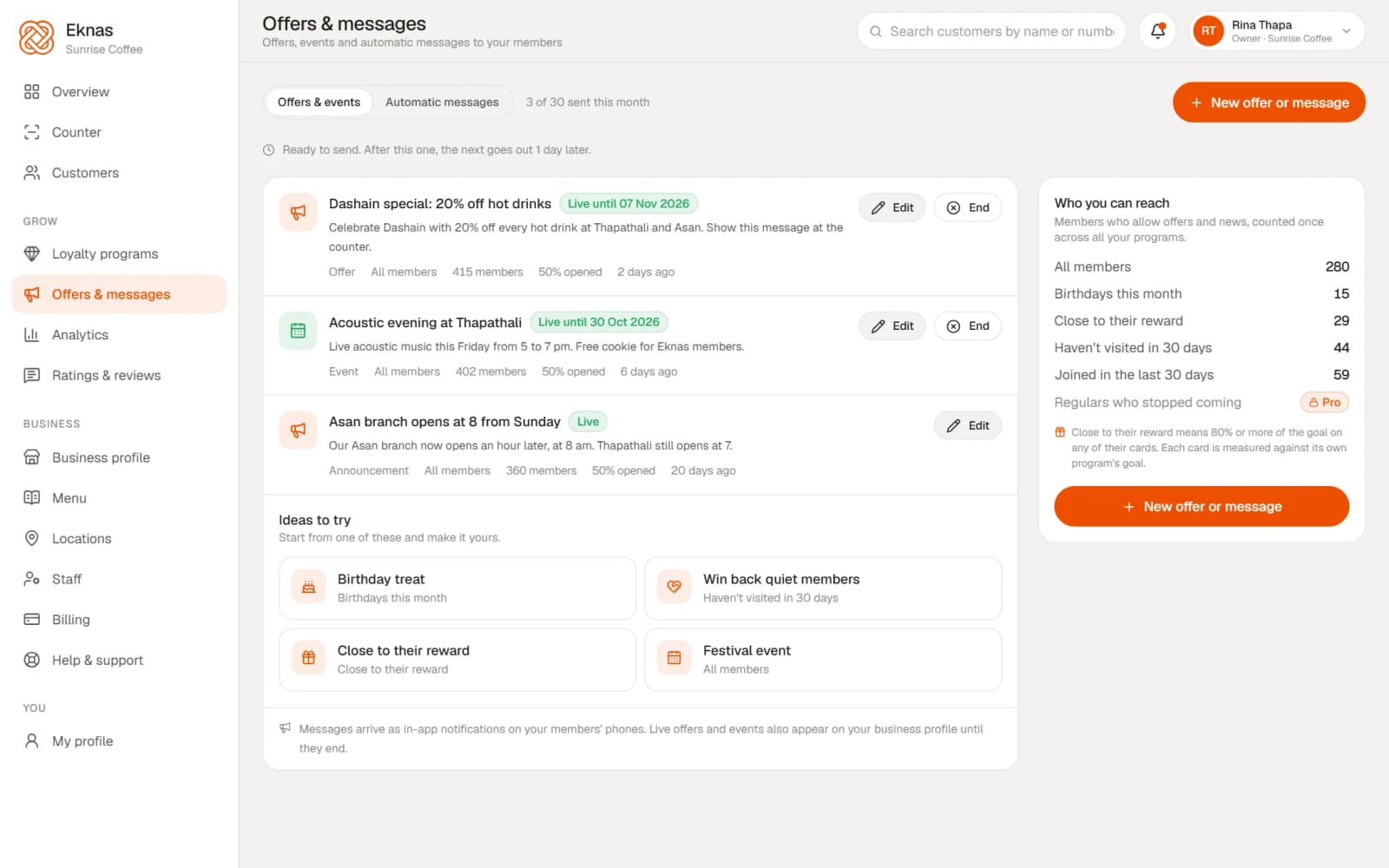 Automatic messages in the Eknas dashboard: birthday wishes, a welcome message, almost at the reward, reward expiring and we miss you, each with a preview