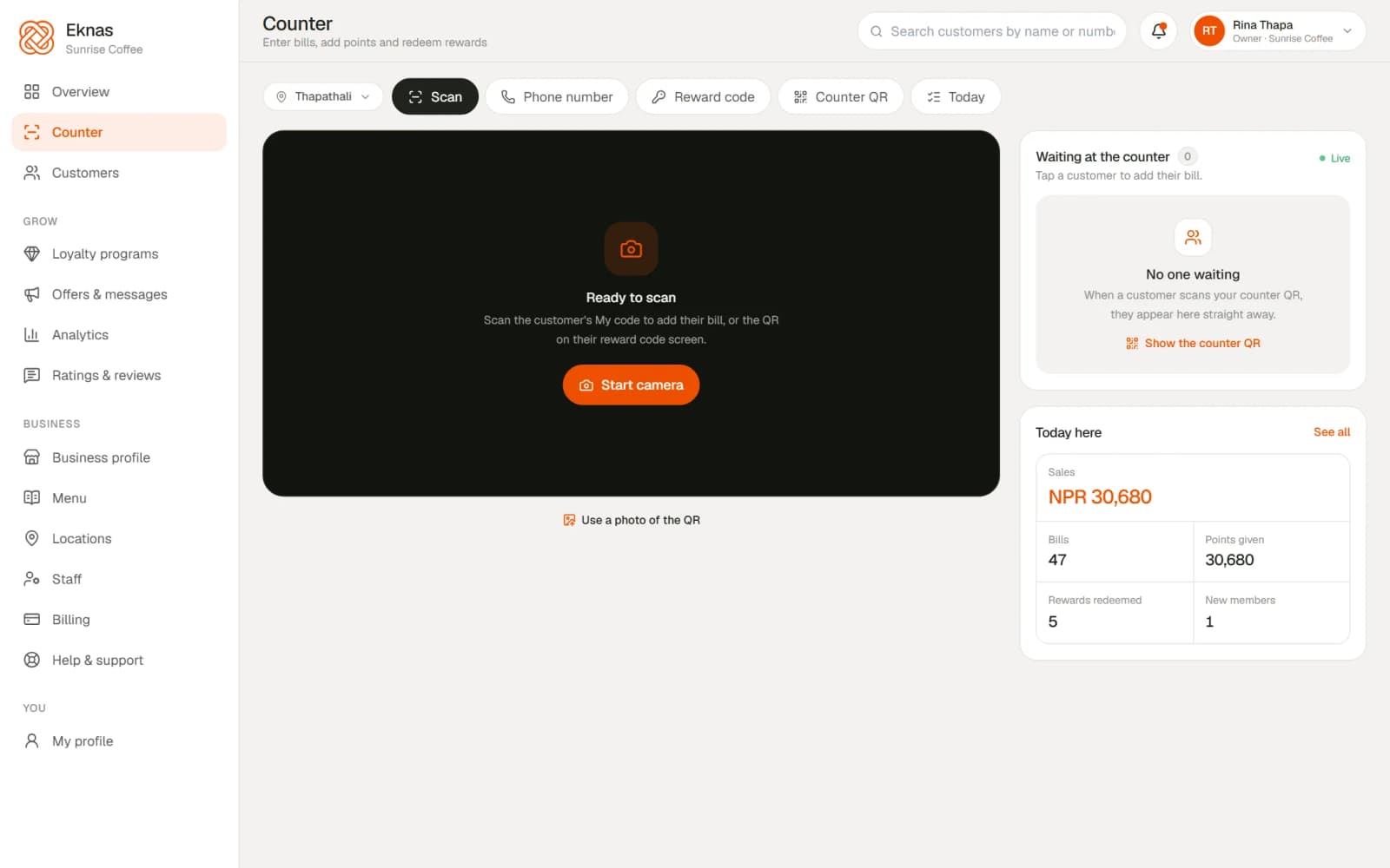 The Eknas counter in a browser: buttons to scan, look up a phone number, check a reward code or show the counter QR, and today's sales and bills