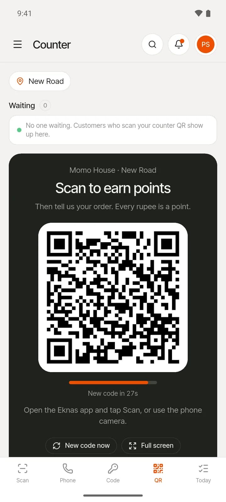 The counter app on a phone showing the Scan to earn points QR code for Momo House, New Road