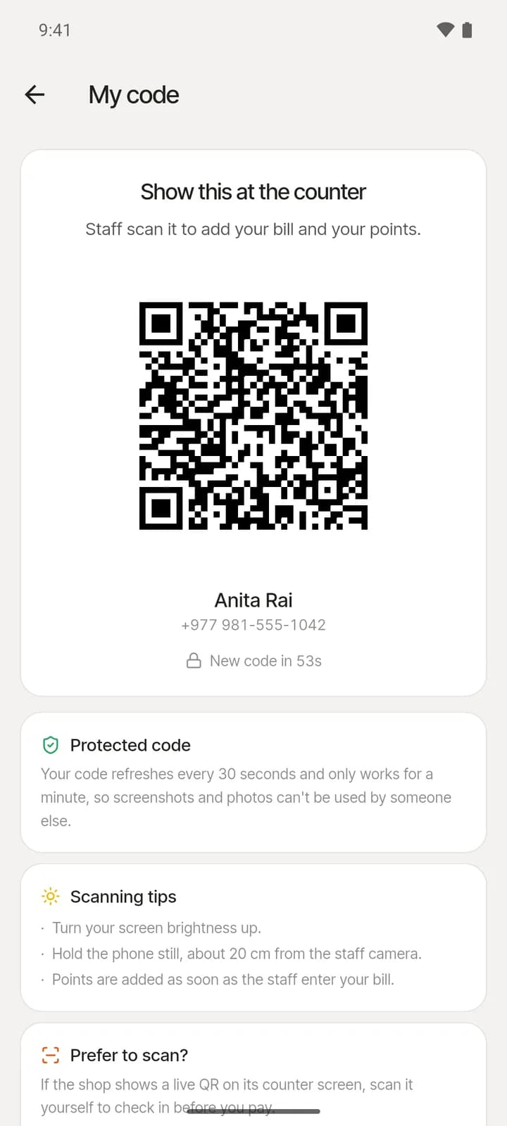 My code in the Eknas app: a QR code that staff scan at the counter, which refreshes itself so a screenshot won't work