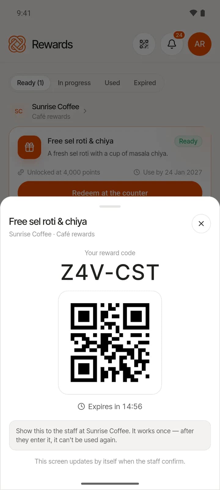 A one-time reward code, Z4V-CST, with its QR code and a countdown showing 14:56 left
