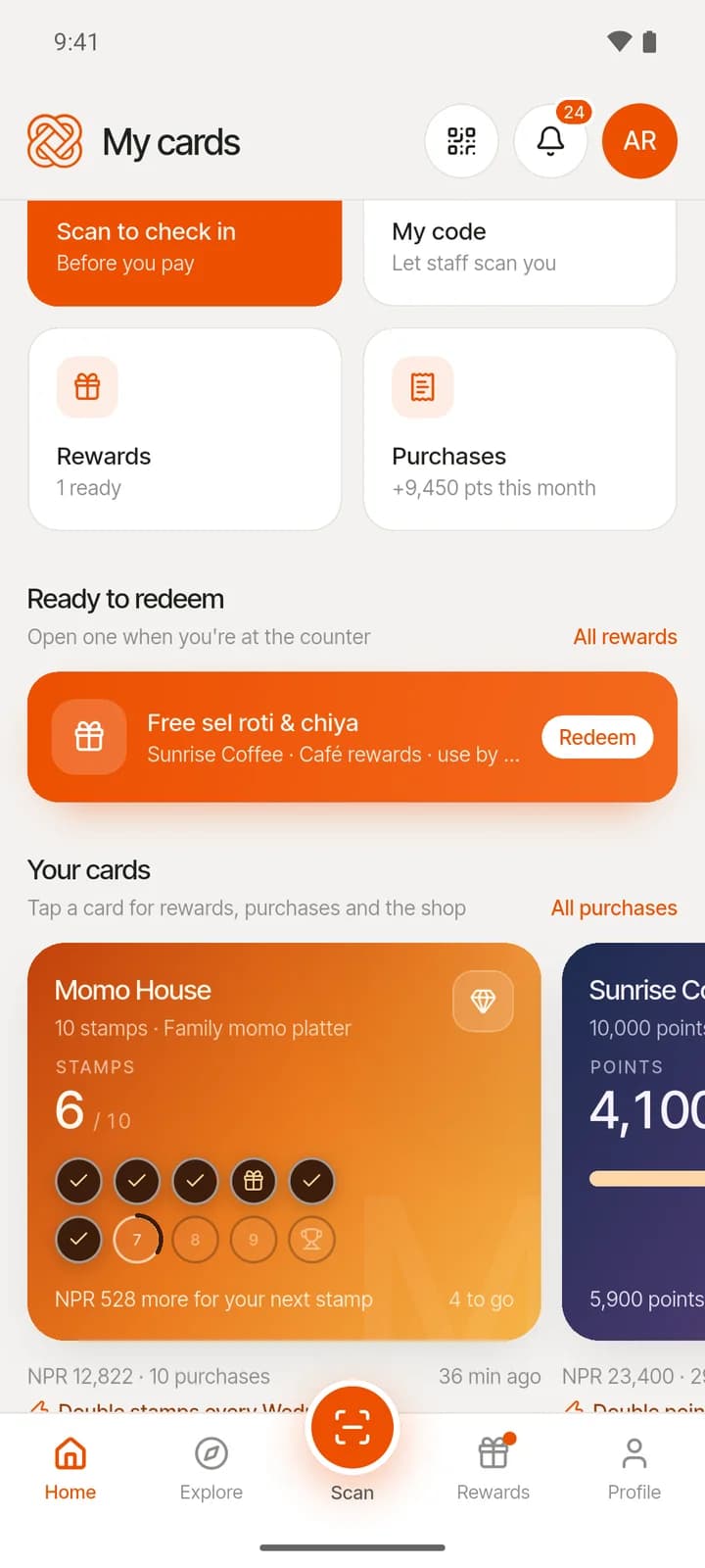 The Eknas app's cards: a Momo House stamp card at 6 of 10 stamps, beside a Sunrise Coffee points card